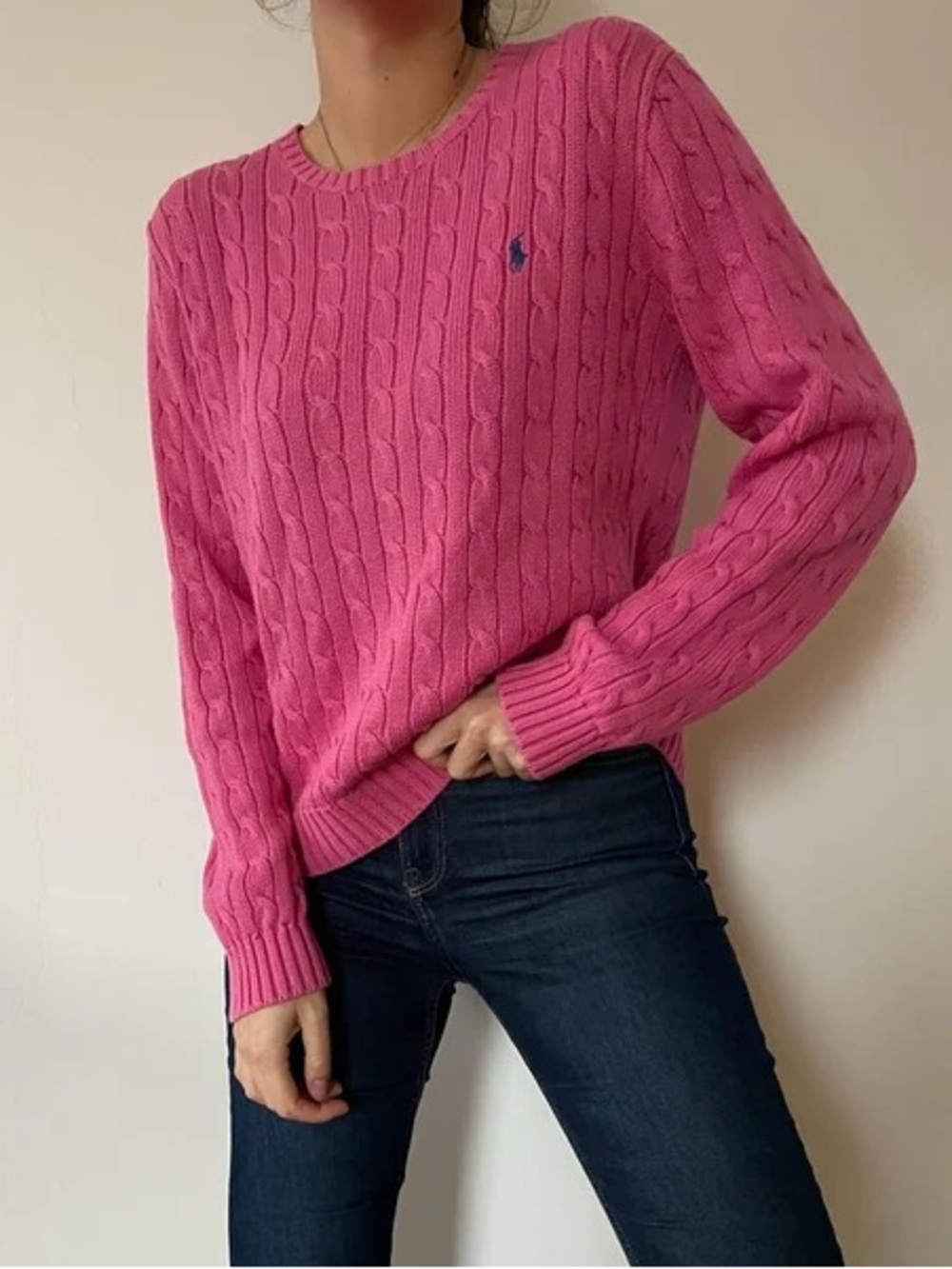 Ralph Lauren Sports Bright Pink Cable-Knit Crewneck Sweater Size S slimfit Cozy